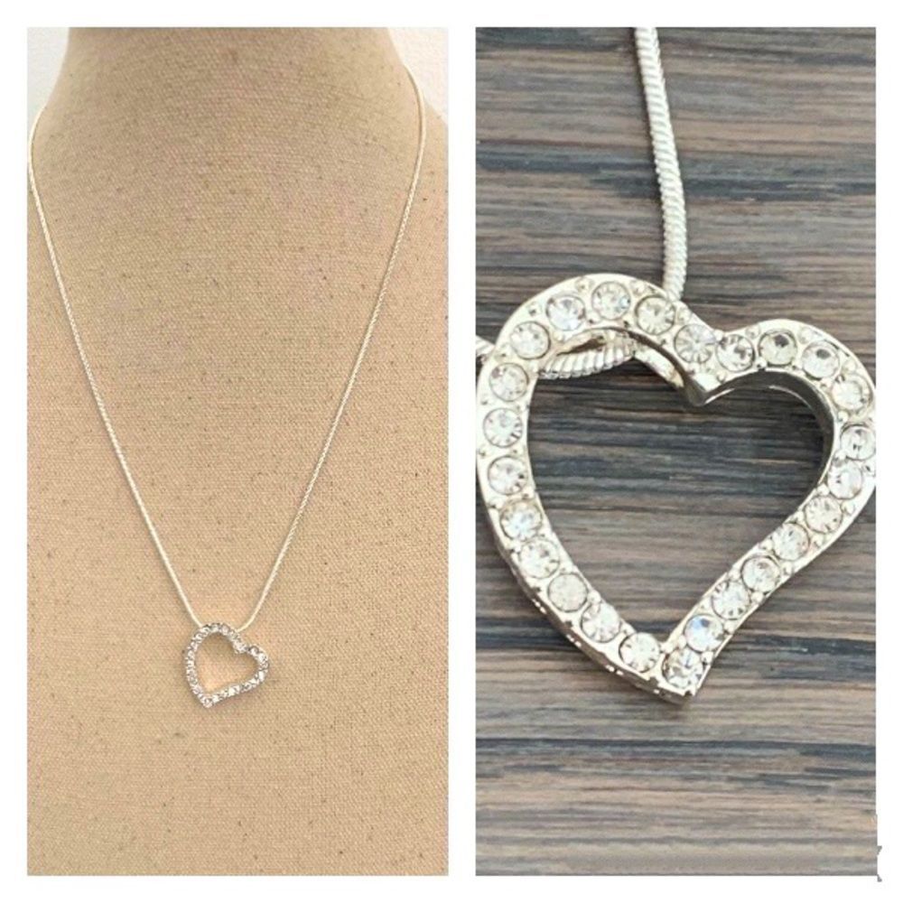 Open Heart Necklace - Silver Tone Rhodium Plate with Swarovski Crystals
